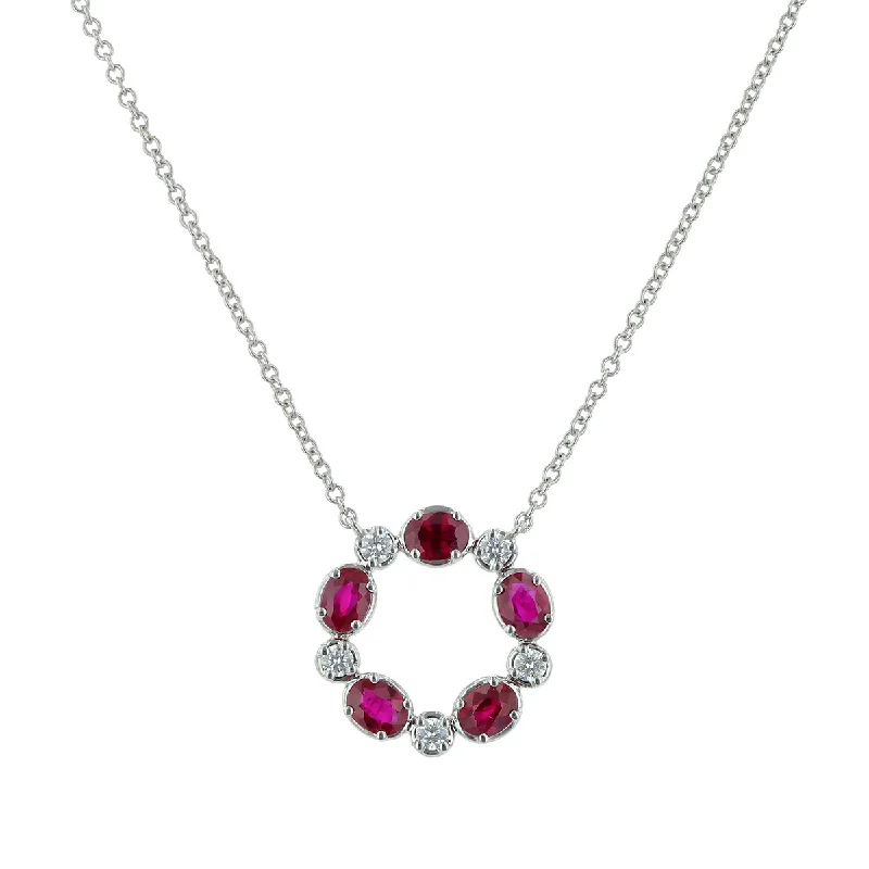 Beaded Pendant Necklaces-Medallion Round Diamond and Oval Ruby Necklace in 18K White Gold, 18in