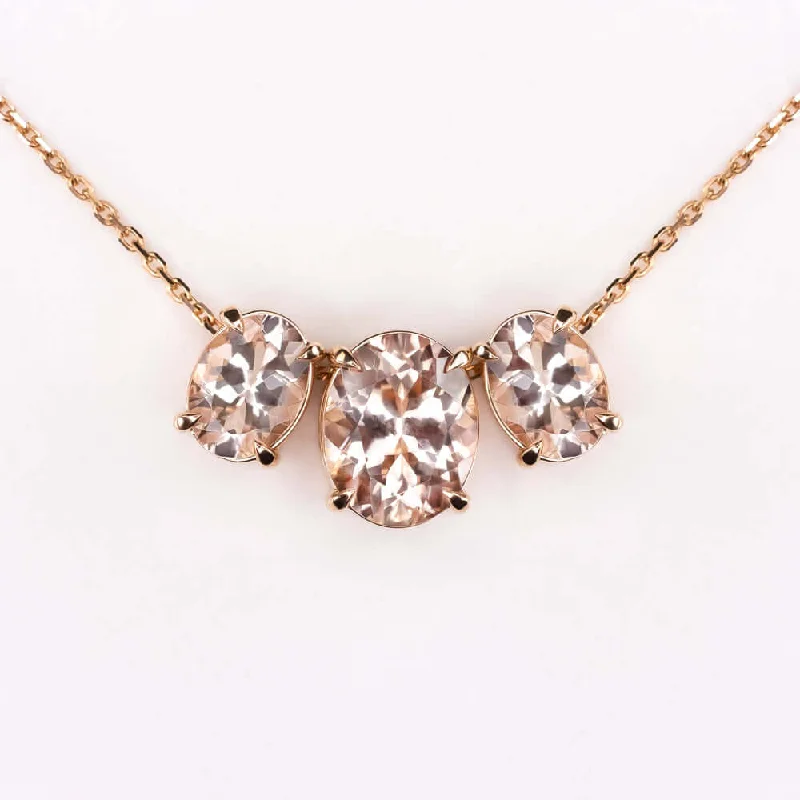 Elegant Pendant Necklaces-4.5 CARAT PINK MORGANITE 14K ROSE GOLD NECKLACE OVAL SHAPE CUT 3 STONE PENDANT