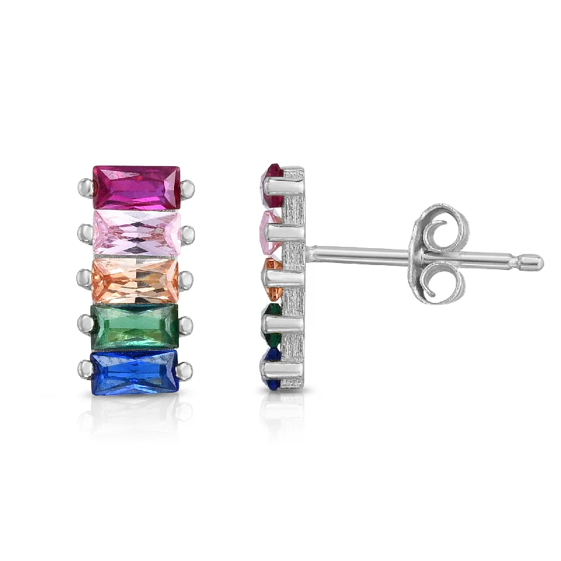 Minimalist Hoop Earrings-Silver Rainbow CZ Baguette Bar Stud Earring