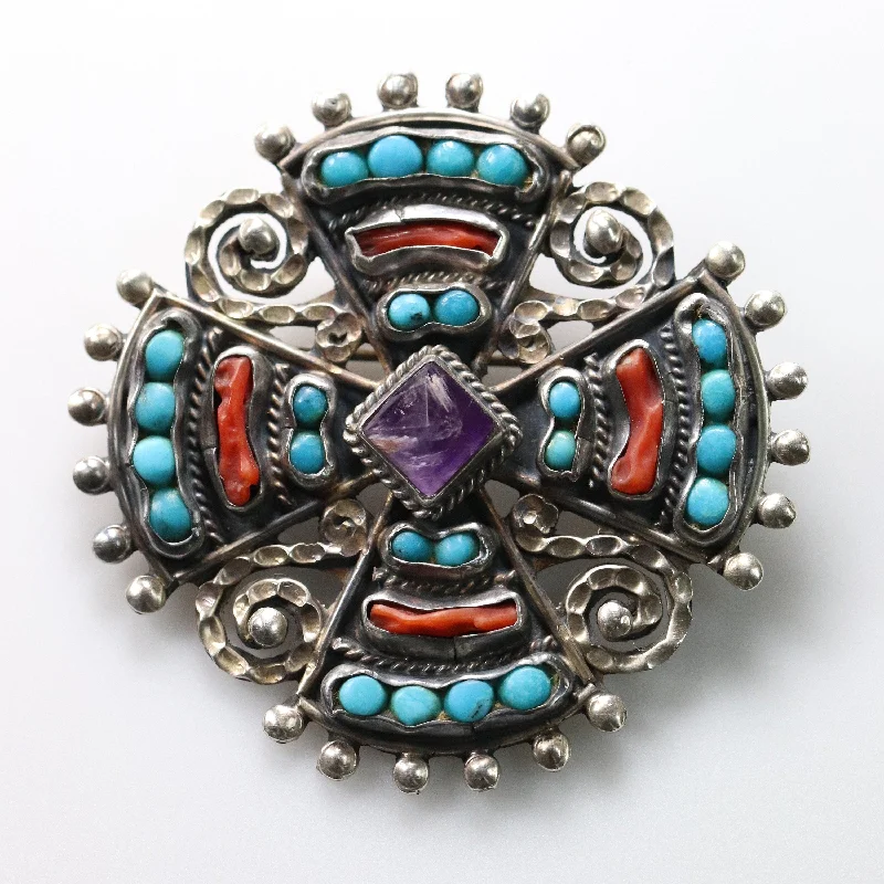 Dragonfly Brooch-MATL Brooch | Ricardo Salas Multi-Gem Cross Pin | Vintage Sterling Silver Mexico