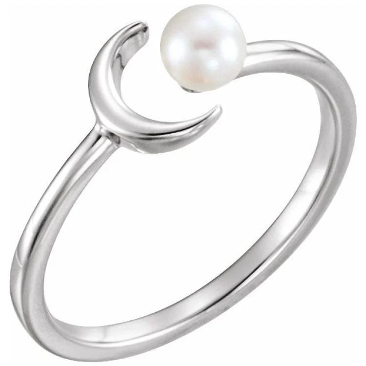 Custom Birthstone Rings-Sterling Silver Cultured White Freshwater Pearl Crescent Moon Ring