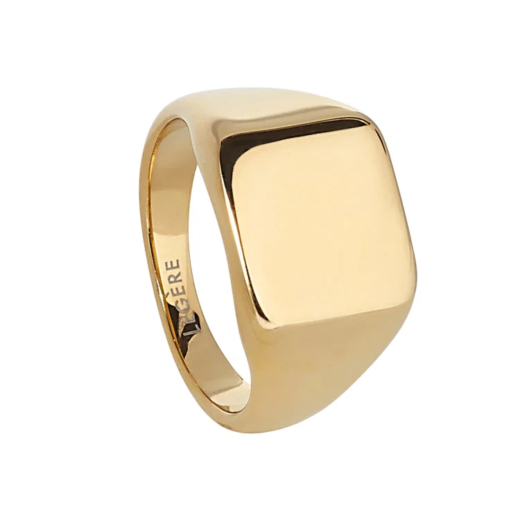 Wedding Rings With Engravings-Gold IP Finish Stainless Steel Square Signet Ring  - Size 9