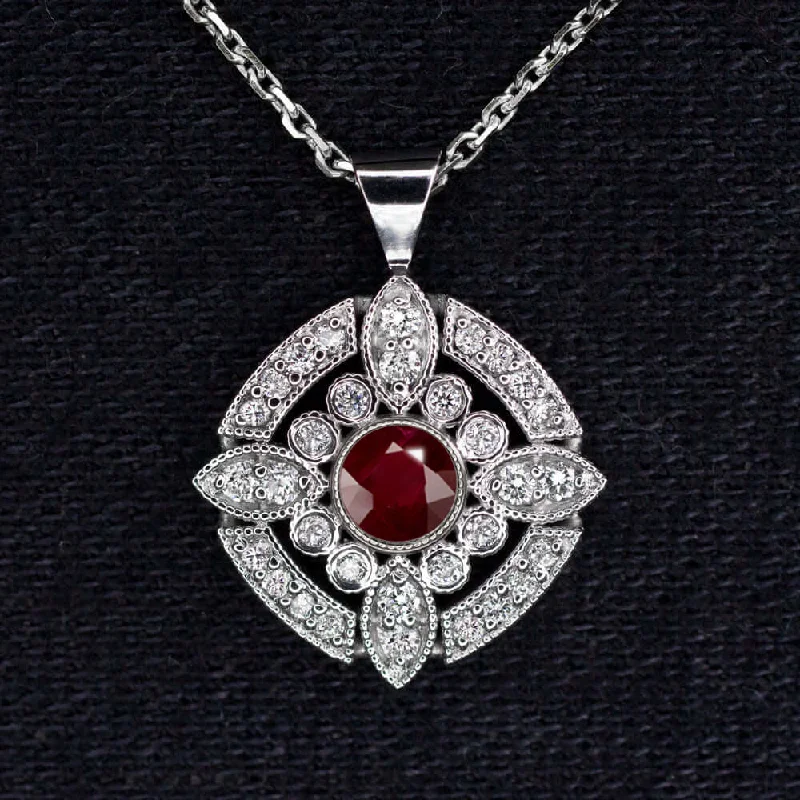 Bar Necklaces-RUBY DIAMOND PENDANT ART DECO VINTAGE STYLE 14k WHITE GOLD RED HALO NECKLACE