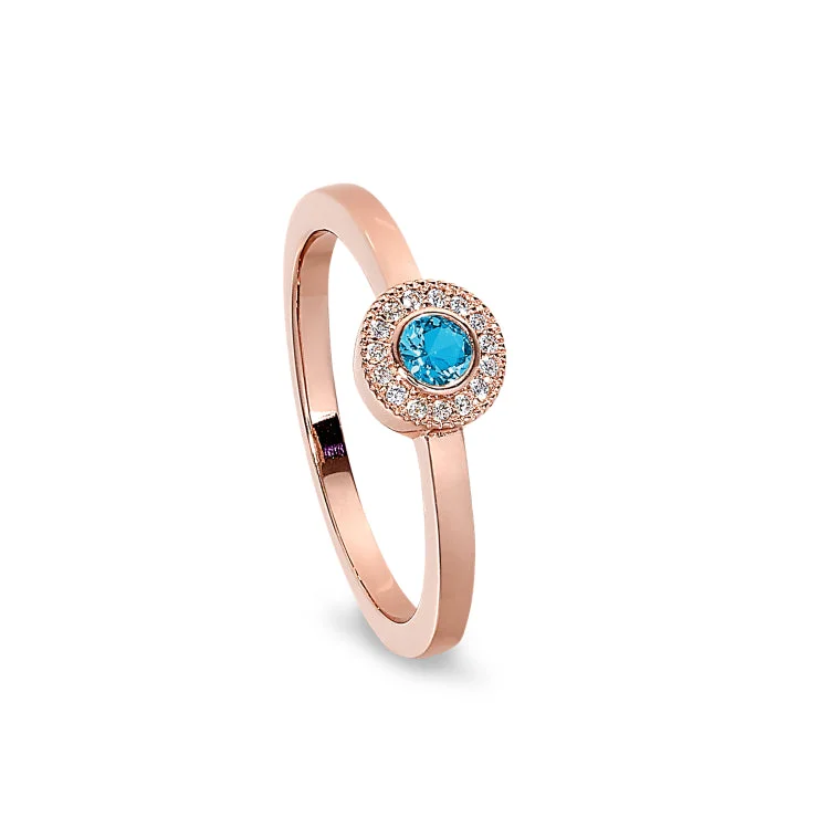 Luxury Engagement Rings For Women-Rose Gold Finish Sterling Silver Micropave Round Simulated Blue Topaz Ring with Simulated Diamonds Size 4