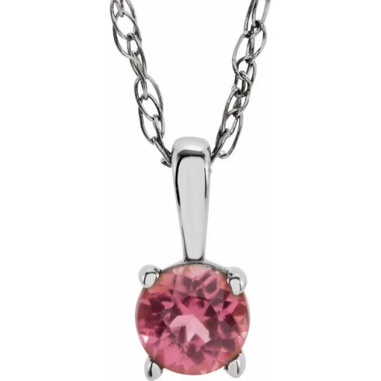 Sparkly Pendant Necklaces-Sterling Silver 3 mm Imitation Pink Tourmaline Youth Solitaire 14" Necklace