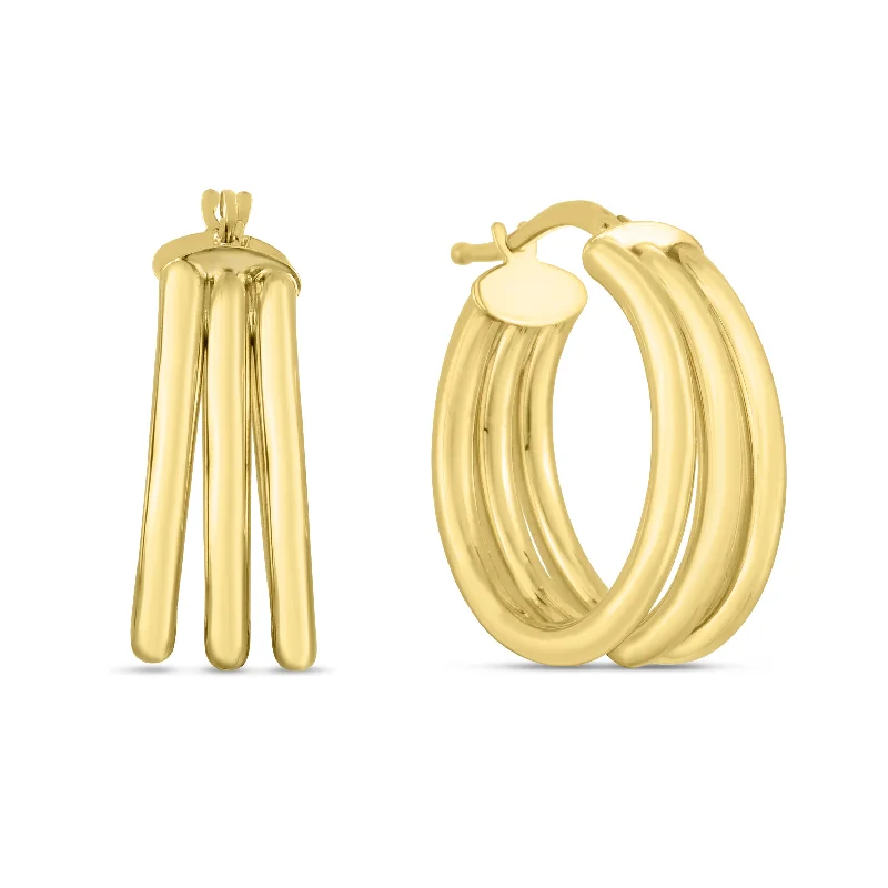 Crystal Hoop Earrings for Women-14K Gold 15mm Large Triple Row Hoops