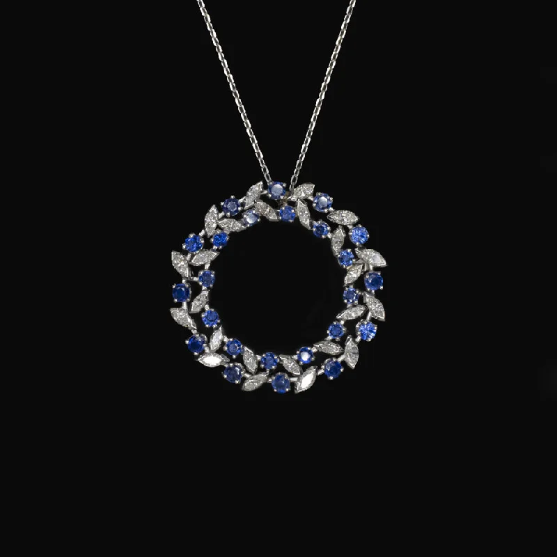 Bridal Necklaces-VINTAGE DIAMOND SAPPHIRE WREATH PENDANT NECKLACE PLATINUM MID CENTURY 3.10ct