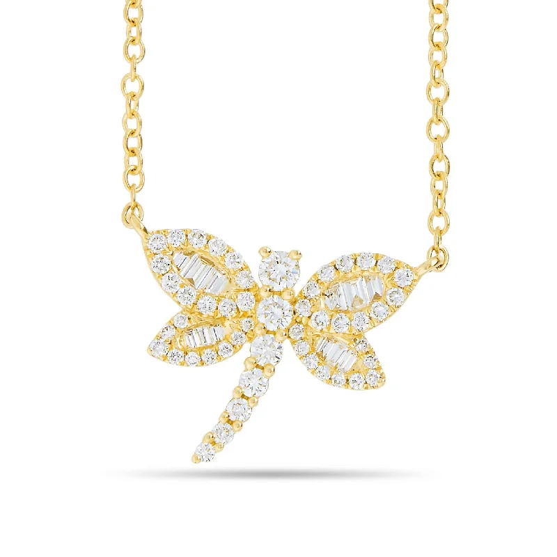 Trendy Necklaces-18K Gold 0.37ct Dragonfly Baguette Diamond Necklace