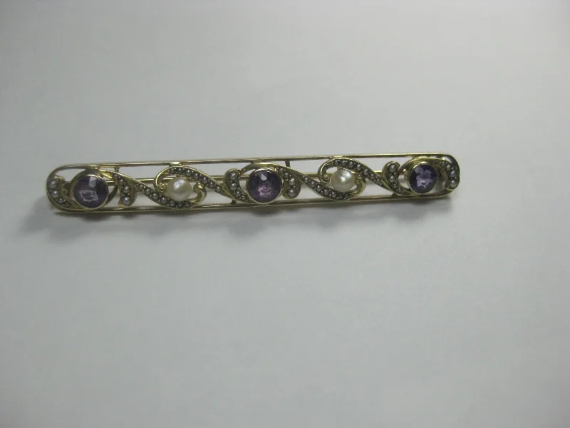 Timeless Brooch For Special Occasions-14kt Edwardian Amethyst Pearl Bar Brooch Brooch, .45 TCW,  Early 1900's