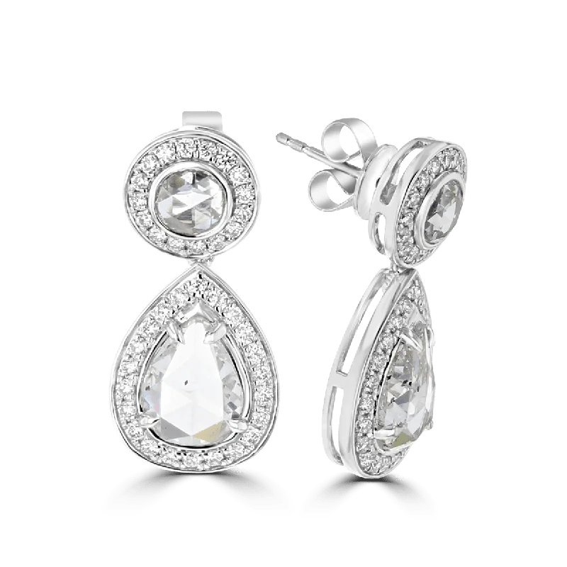 Shiny Drop Earrings-JULEVE 18KT ROSE CUT DIAMOND PEAR SHAPE HALO DROP EARRINGS