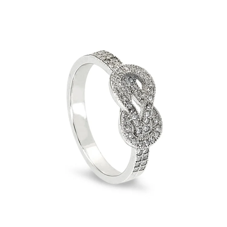 Fashion Diamond Rings-Platinum Finish Sterling Silver Micropave Knot Ring with Simulated Diamonds