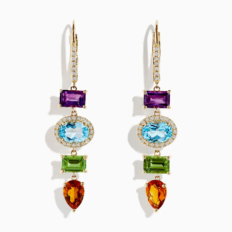 Unique Stud Drop Earrings-Mosaic 14K Yellow Gold Diamond and Multi Stone Drop Earrings