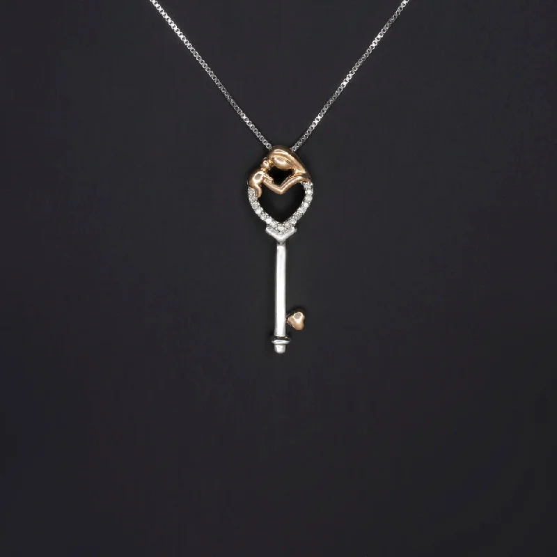 Chunky Silver Necklaces-DIAMOND MOTHER AND BABY KEY NECKLACE 14k ROSE GOLD SILVER PENDANT PUSH PRESENT