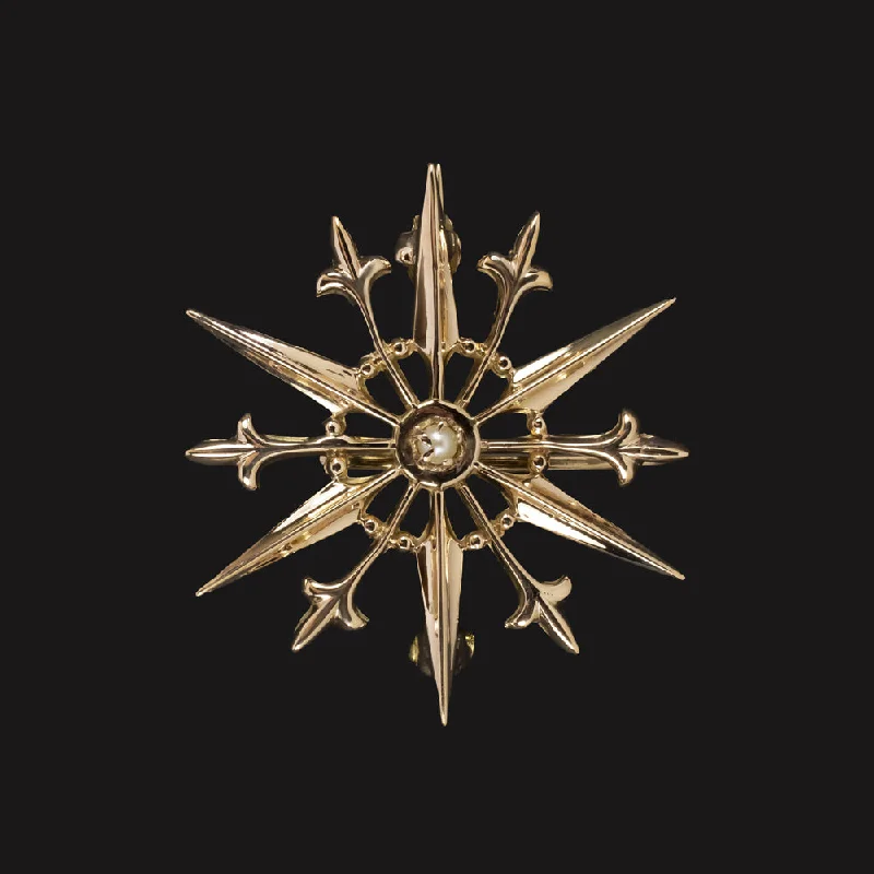 Men’s Necklaces-VINTAGE STARBURST PENDANT 10k YELLOW GOLD PEARL PIN BROOCH COMPASS NECKLACE