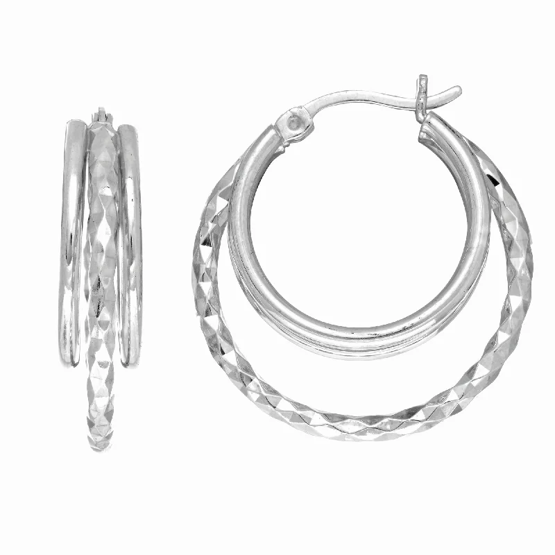 Green Gemstone Earrings-Silver Three Row Diamond Cut and Polished Hoop Earring