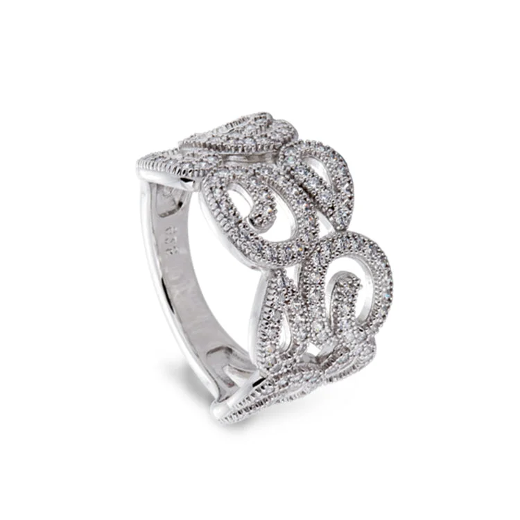 Luxury Wedding Bands-Platinum Finish Sterling Silver Micropave Swirl Ring with 126 Simulated Diamonds