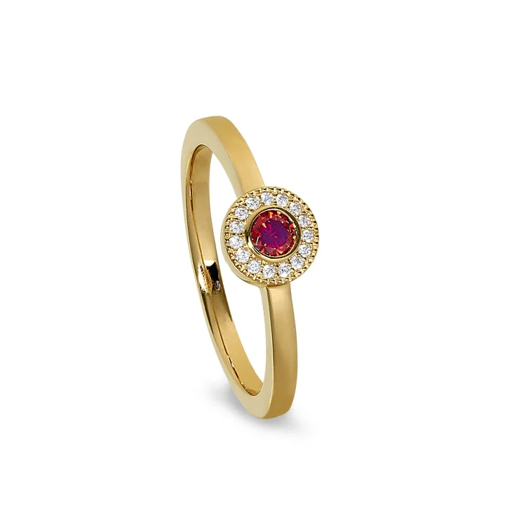 Unique Designer Rings-Gold Finish Sterling Silver Micropave Round Simulated Garnet Ring with Simulated Diamonds Size 4