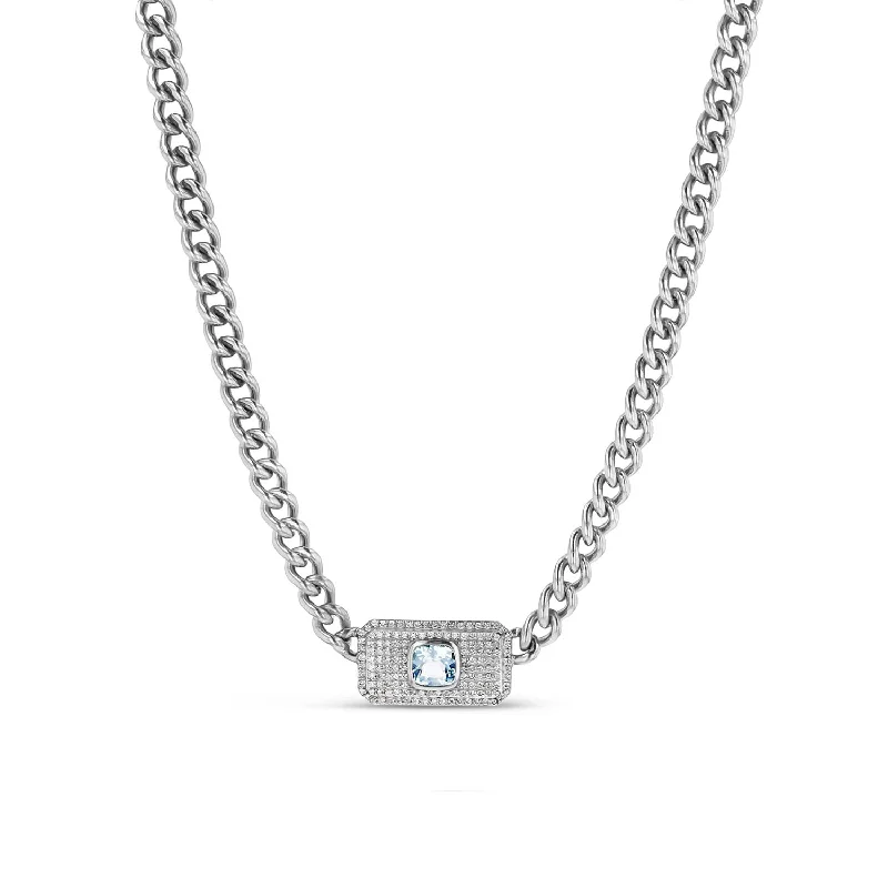 Luxury Silver Necklaces-Aquamarine & Pave Diamond Pendant Chain Necklace - 16"  N0002879