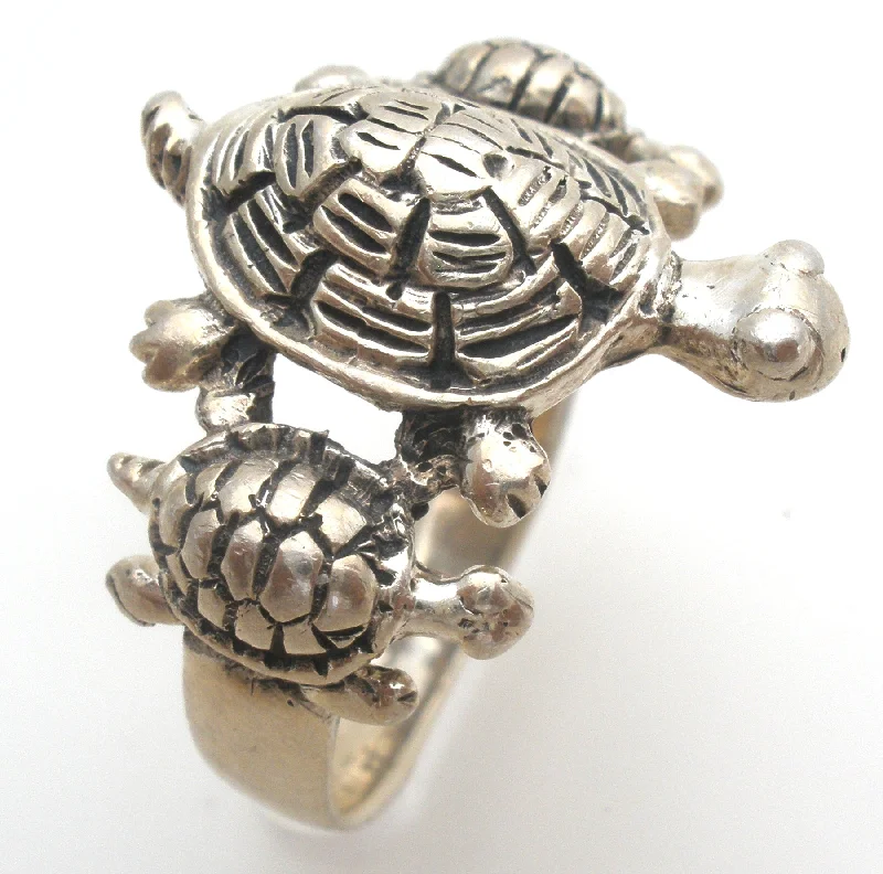 Colored Gold Rings-Triple Turtle Ring Sterling Silver Size 7.5