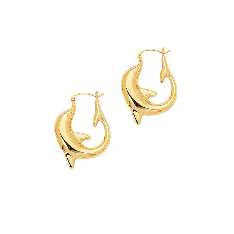 Custom Gold Earrings-14K Gold Large Dolphin Back to Back Hoop Earring