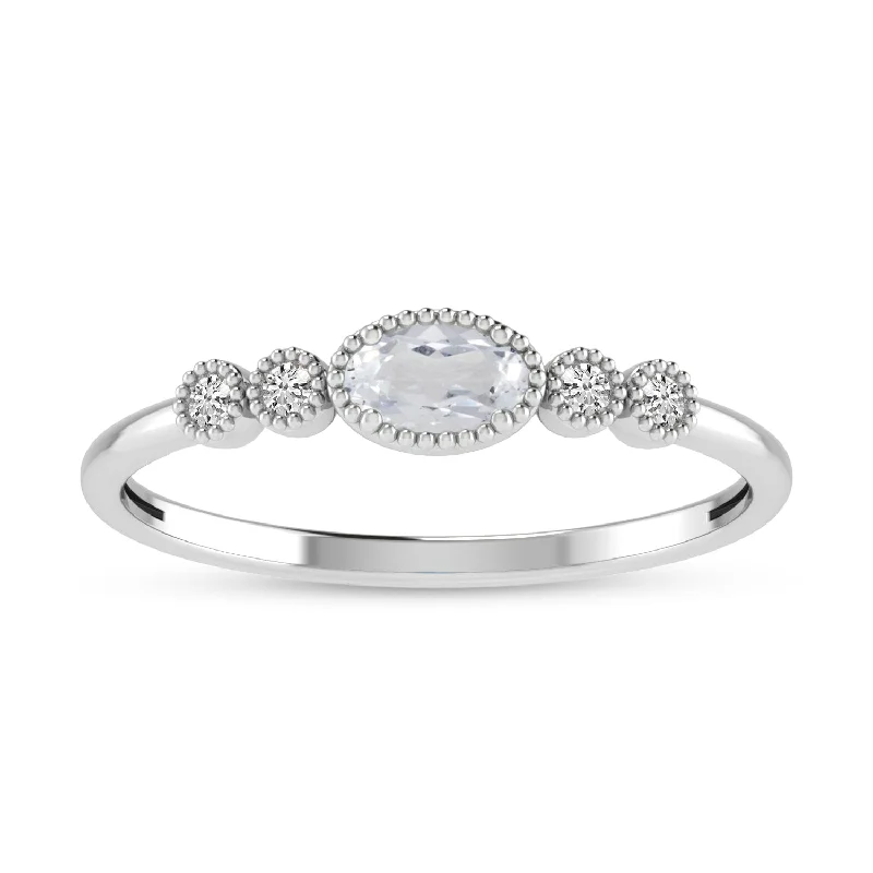 Simple Promise Rings-14K White Gold Oval White Topaz and Diamond Stackable Ring RM4307X-APR