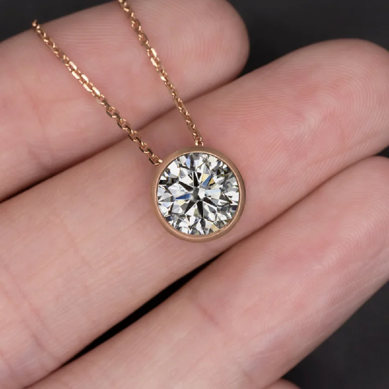 Chunky Gold Necklaces-2.07ct CERTIFIED DIAMOND PENDANT NECKLACE BEZEL 14k ROSE GOLD ROUND CUT 2 CARAT