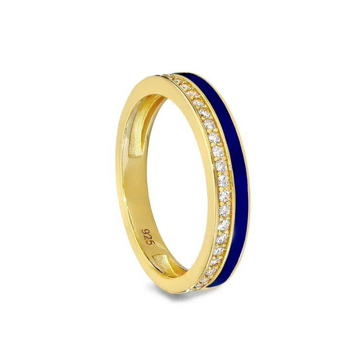 Custom Gemstone Engagement Rings-Gold Vermeil Sterling Silver Micropave Ring with with Navy Enamel and Simulated Diamondss