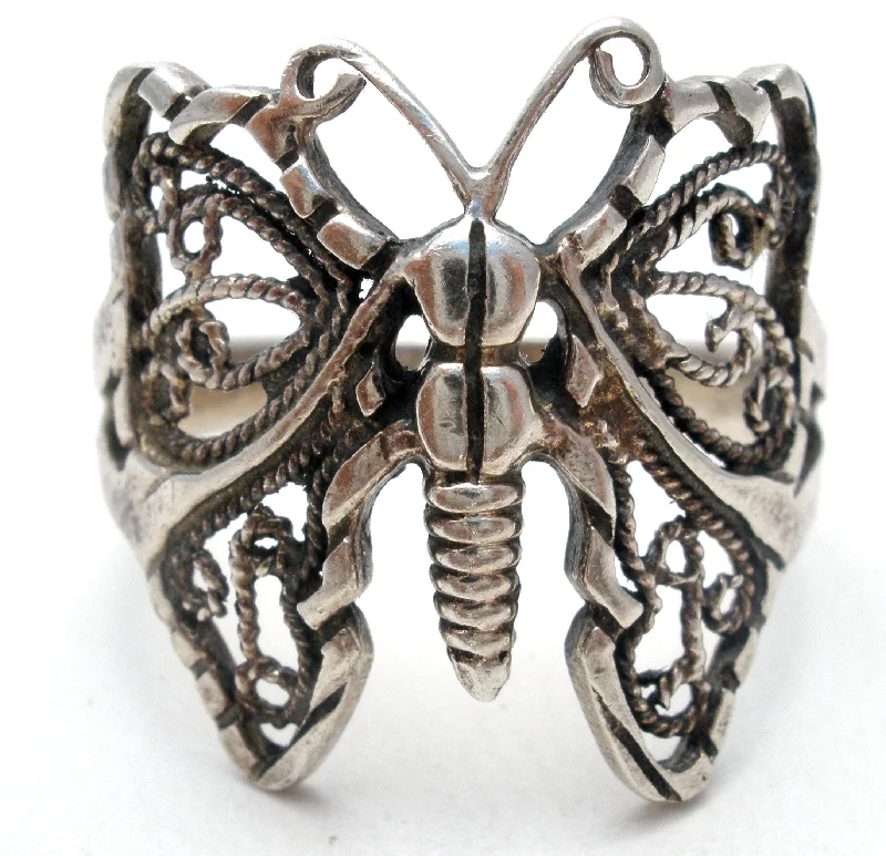 Wedding Rings With Custom Details-Filigree Butterfly Ring Sterling Silver Size 9