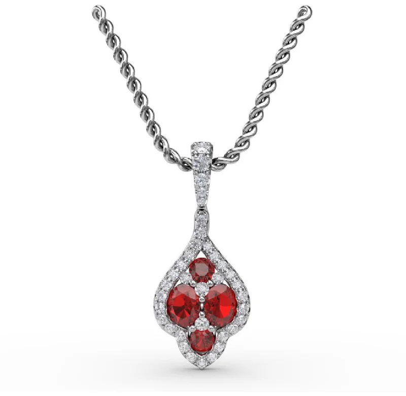 Custom Pendant Necklaces-Fana Halo Ruby and Diamond Cluster Pendant P1740R