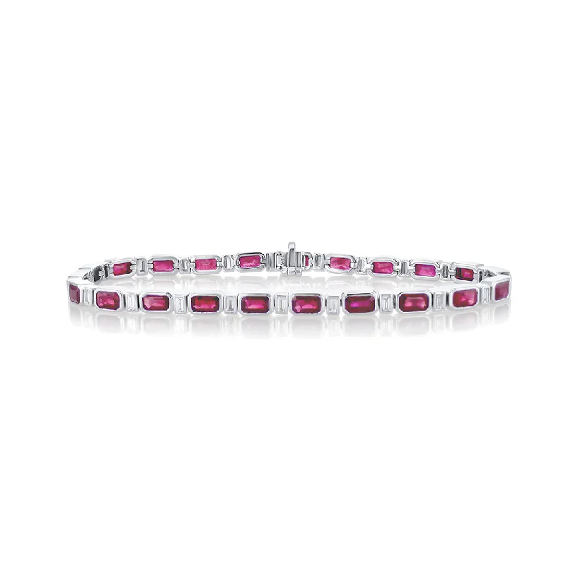 Elegant Bracelets For Formal Occasions-8.50 Cttw Emerald Cut Ruby and 0.95 Cttw Diamond Bezel-Set 14K White Gold Bracelet