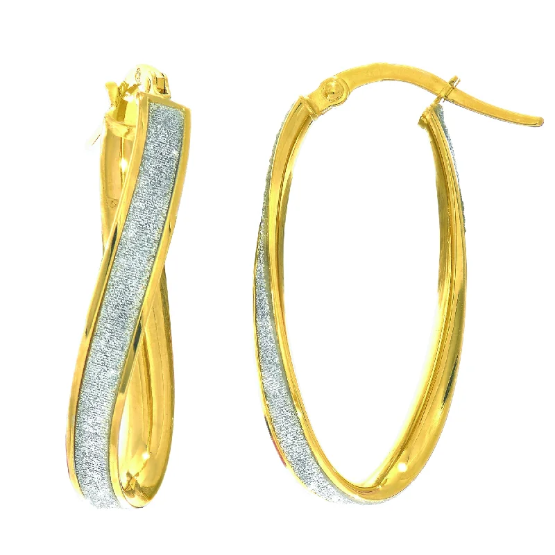 Mixed Gemstone Earrings-14K Gold Twisted Oval Glitter Hoop Earring