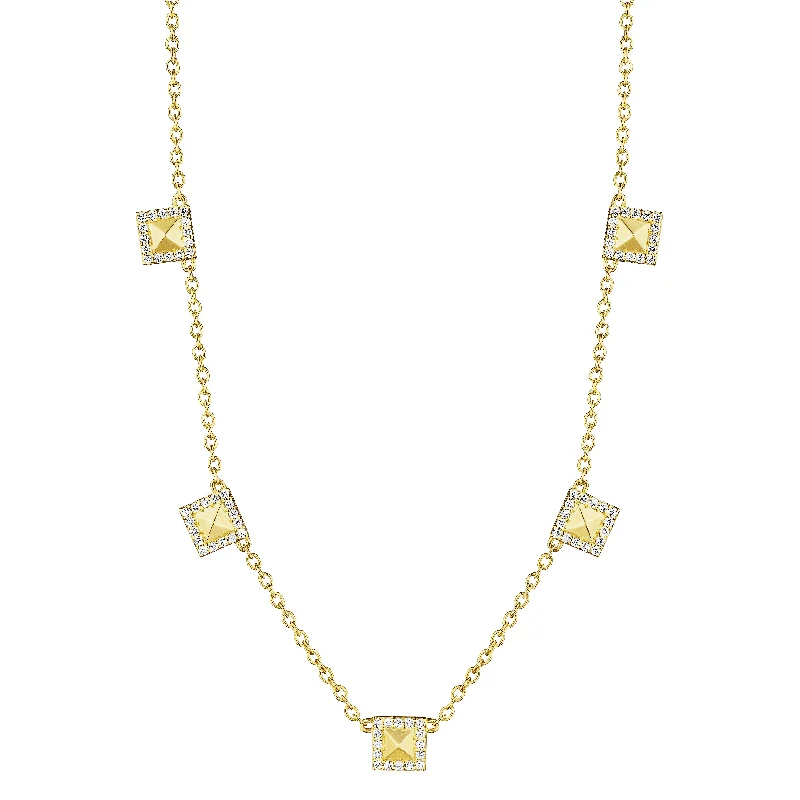 Gold Name Necklaces-0.40ct Diamond Square Station Necklace in 18K Yellow Gold, 18inch