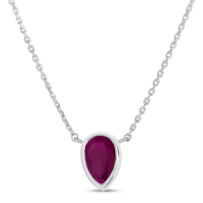 Gold Cross Necklaces-14K White Gold Pear Ruby Birthstone Necklace P4334W-18-JUL