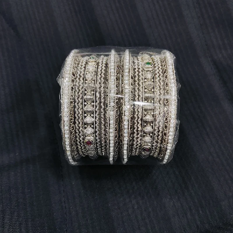 Bangles With Butterflies-Pooja Bangles Oxidised Plated Pota Stone And Pearls Bangles Set