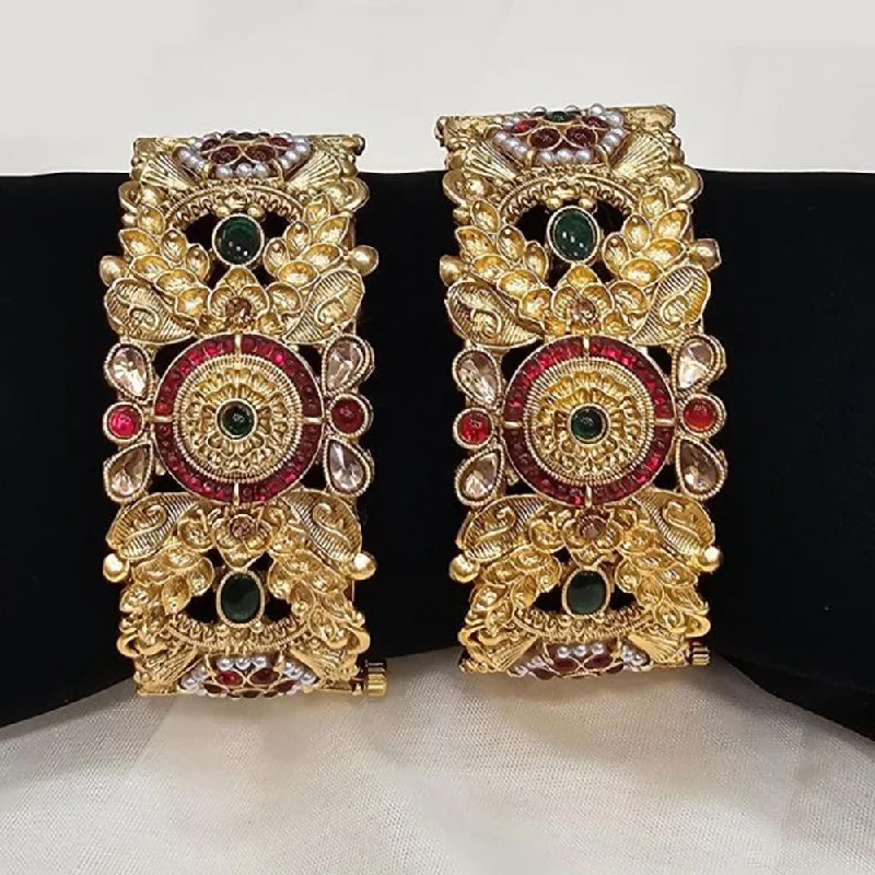 Bangles With Mixed Materials-FS Collection Gold Plated Pota Stone Openable Bangle Set