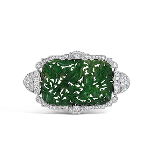 Brooch With Colored Stones-Antique Jade & Diamond Brooch