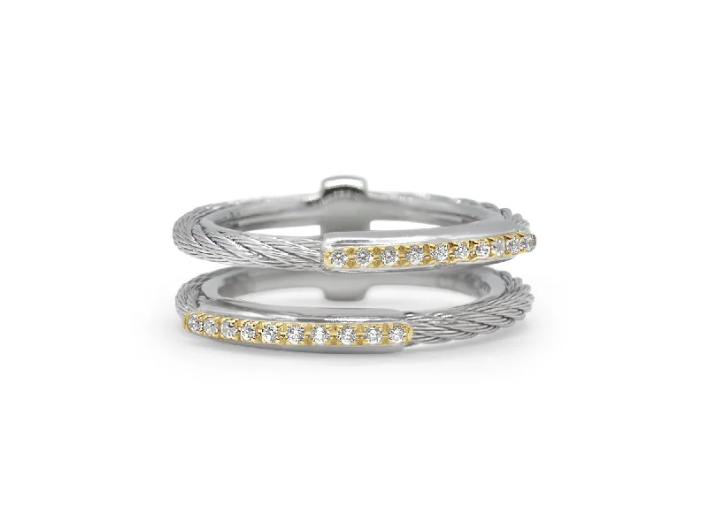 Diamond Rings-ALOR Grey Cable Petite Channel Bar Ring with 18kt Yellow Gold