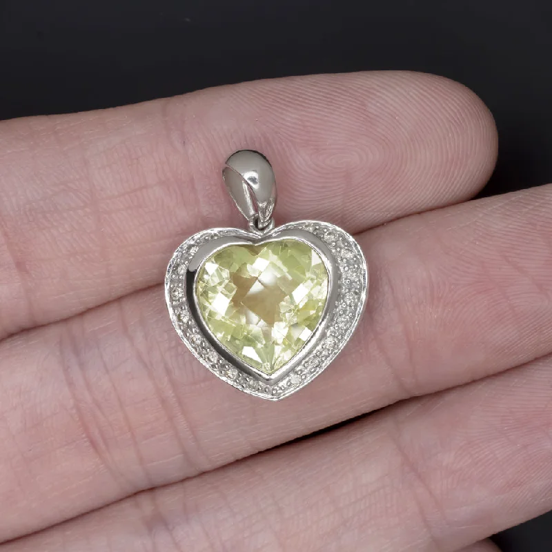 Choker Necklaces-HEART SHAPE LEMON QUARTZ DIAMOND PENDANT 14k WHITE GOLD NECKLACE YELLOW GREEN