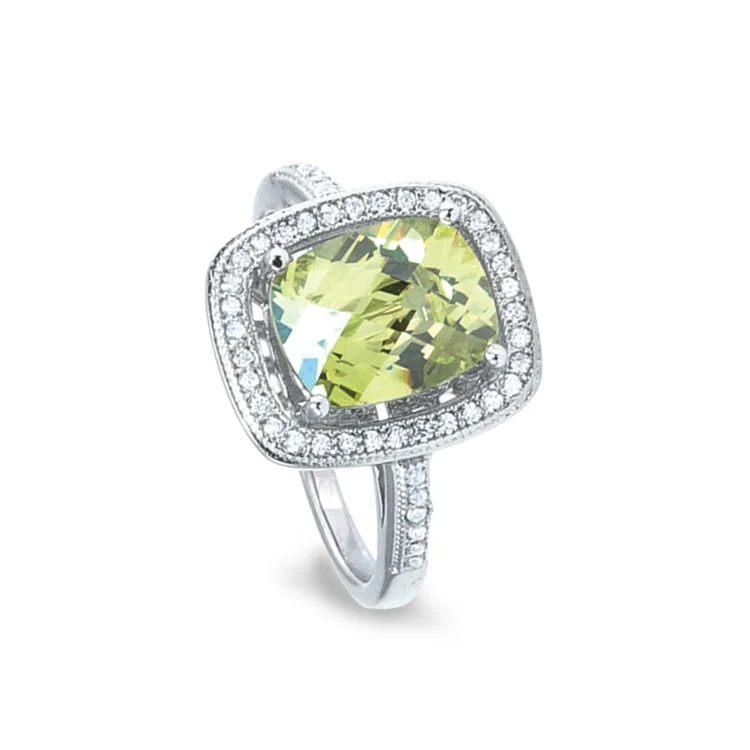 Colored Gold Rings-Platinum Finish Sterling Silver Micropave Ring with Simulated Peridot and Simulated Diamonds