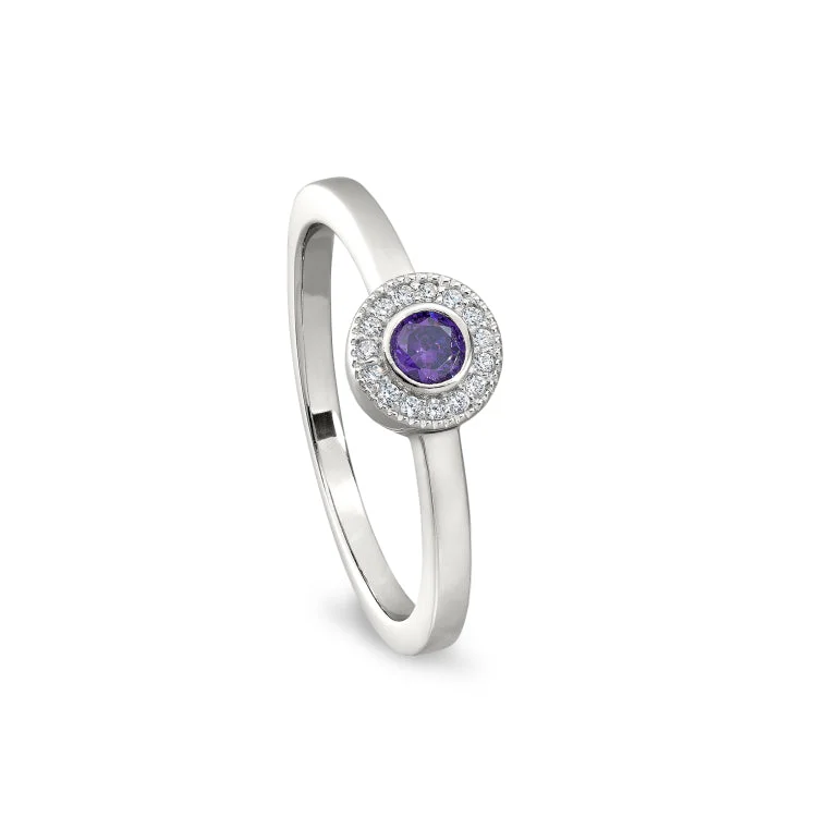 Customizable Rings-Platinum Finish Sterling Silver Micropave Round Simulated Amethyst Ring with Simulated Diamonds Size 9