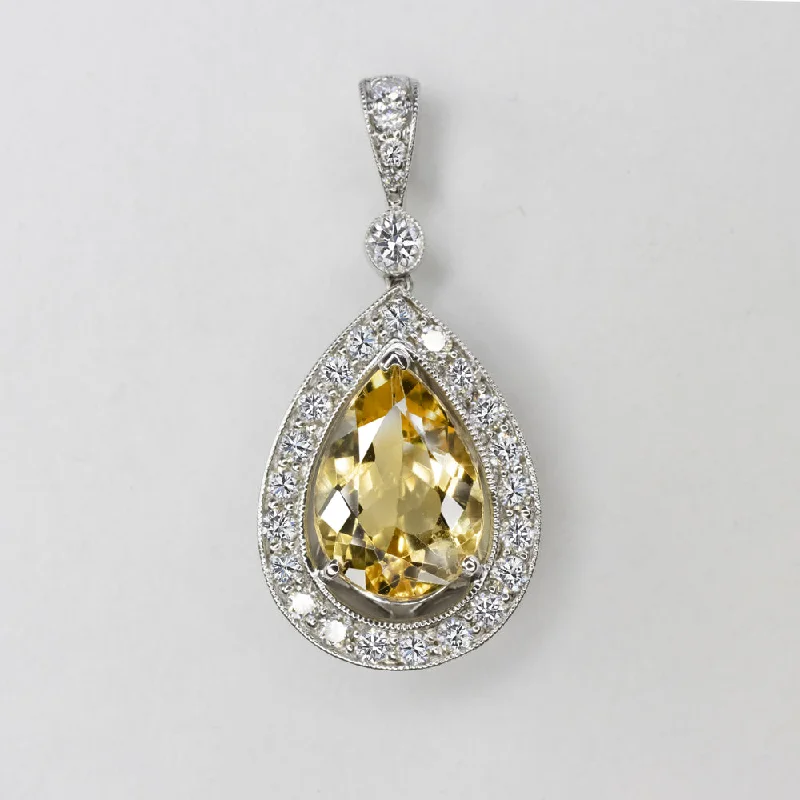 Custom Pendant Necklaces-CITRINE DIAMOND PENDANT 18k WHITE GOLD PEAR CUT TEARDROP SHAPE YELLOW NECKLACE