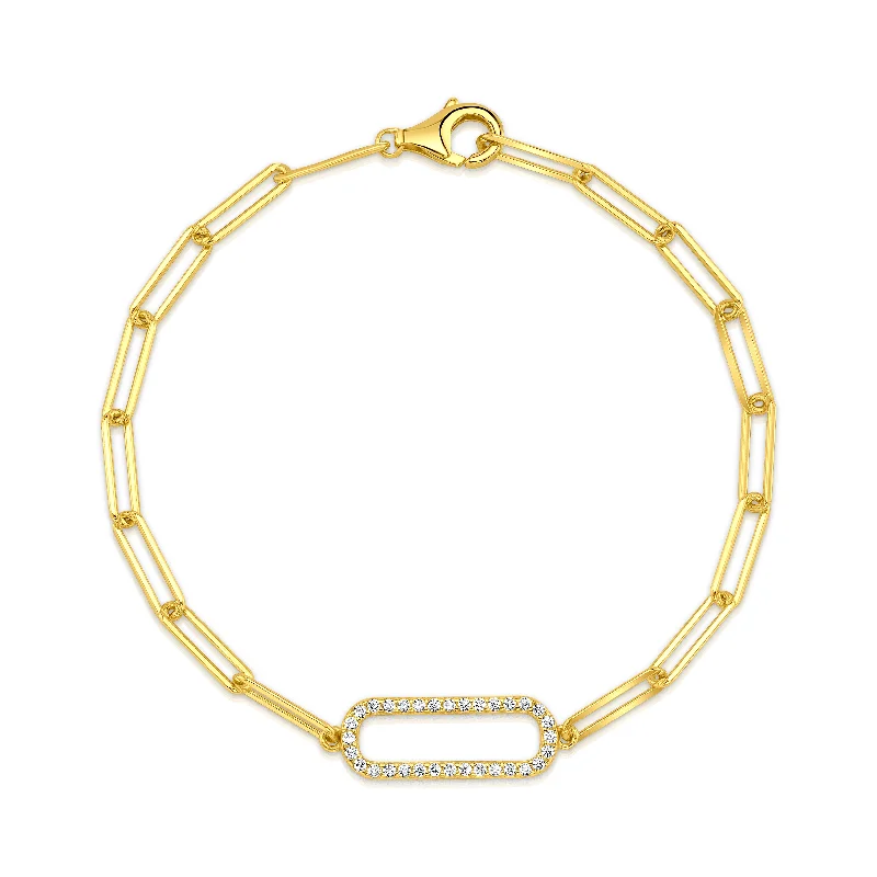 Matching Bracelets For Groups-LONG PAPERCLIP BRACELET W/ SINGLE CZ LINK, GOLD