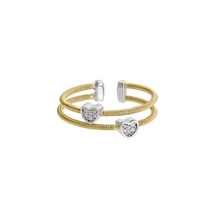 Multi-Stone Rings-Gold Finish Sterling Silver Two Cable Cuff Ring with Two Rhodium Finish Simulated Diamond Hearts