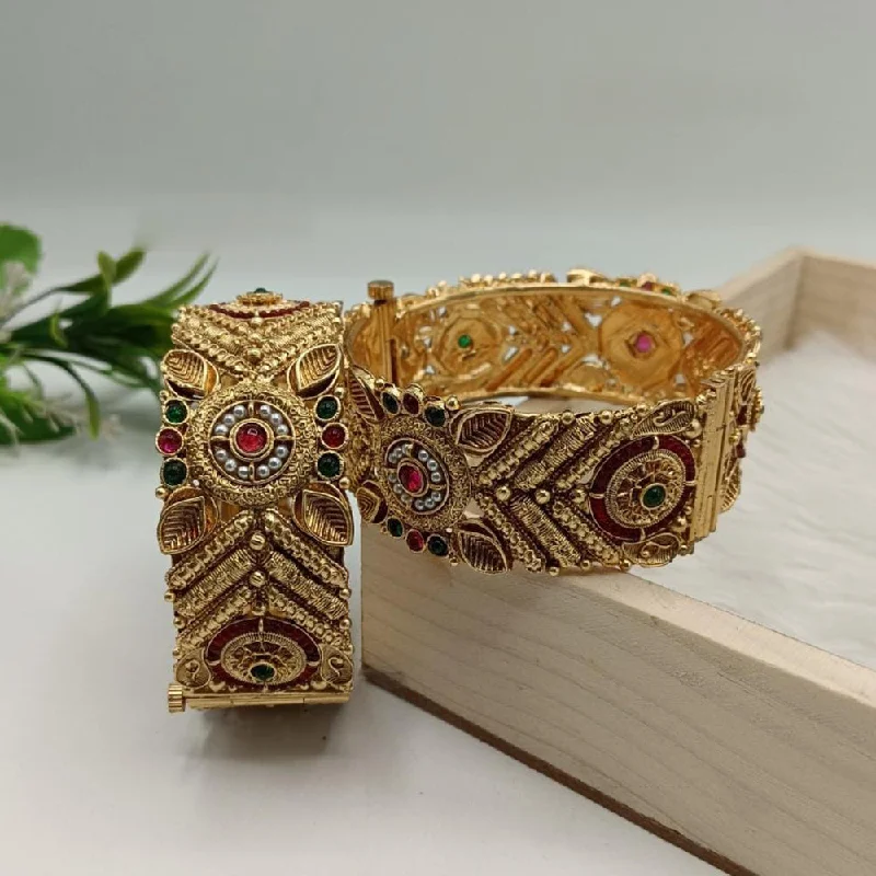 Bangles For Cultural Events-FS Collection Gold Plated Pota Stone And Pearls Openable Bangle Set