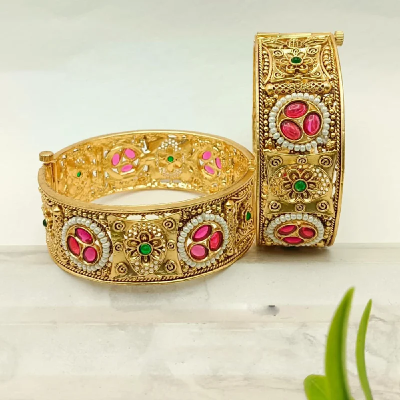 Bangles For Bhutanese Weddings-FS Collection Gold Plated Pota Stone And Pearls Openable Bangle Set