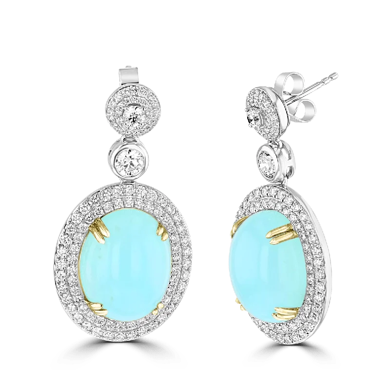 Vintage Stud Earrings-JULEVE 18KT GOLD BLUE OPAL & DIAMOND OVAL HALO DROP EARRINGS