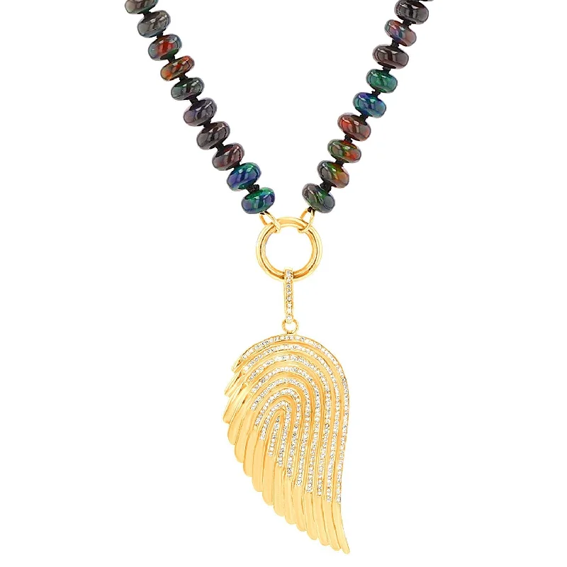 Zodiac Necklaces-14k Diamond Angel Wing on Hand Knotted Ethiopian Black Opal Necklace NG002817