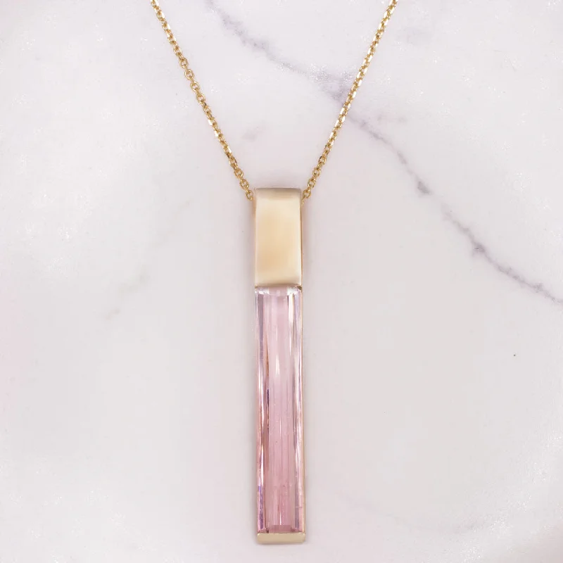 Silver Pendant Necklaces-NATURAL PINK OMBRE TOURMALINE BAR NECKLACE 14k YELLOW GOLD PENDANT DROP DANGLE