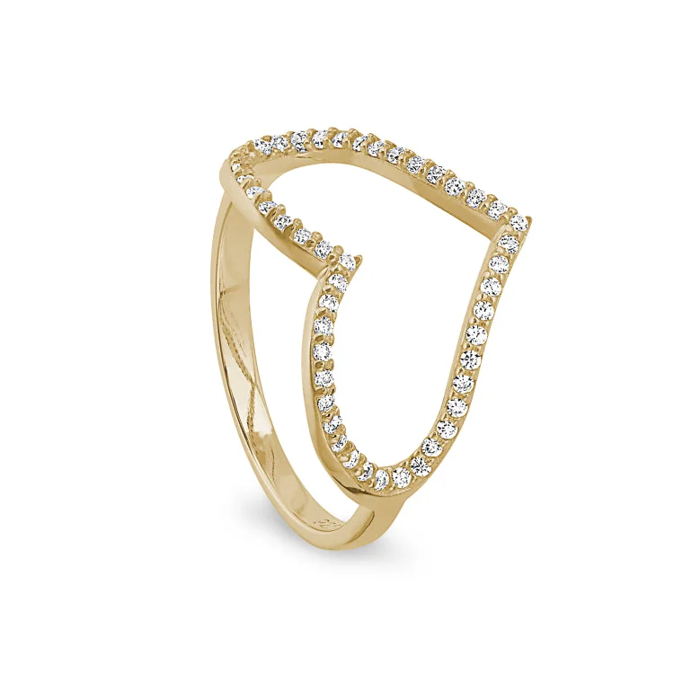 Minimalist Rings-Gold Finish Sterling Silver Micropave Open Heart Ring with Simulated Diamonds