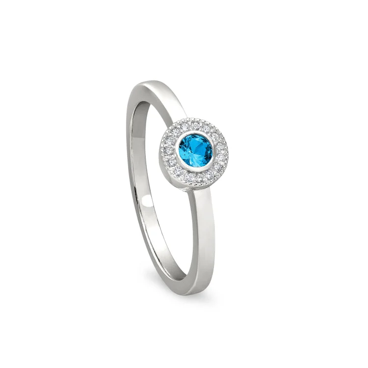 Wedding Set Rings-Platinum Finish Sterling Silver Micropave Round Simulated Blue Topaz Ring with Simulated Diamonds Size 9